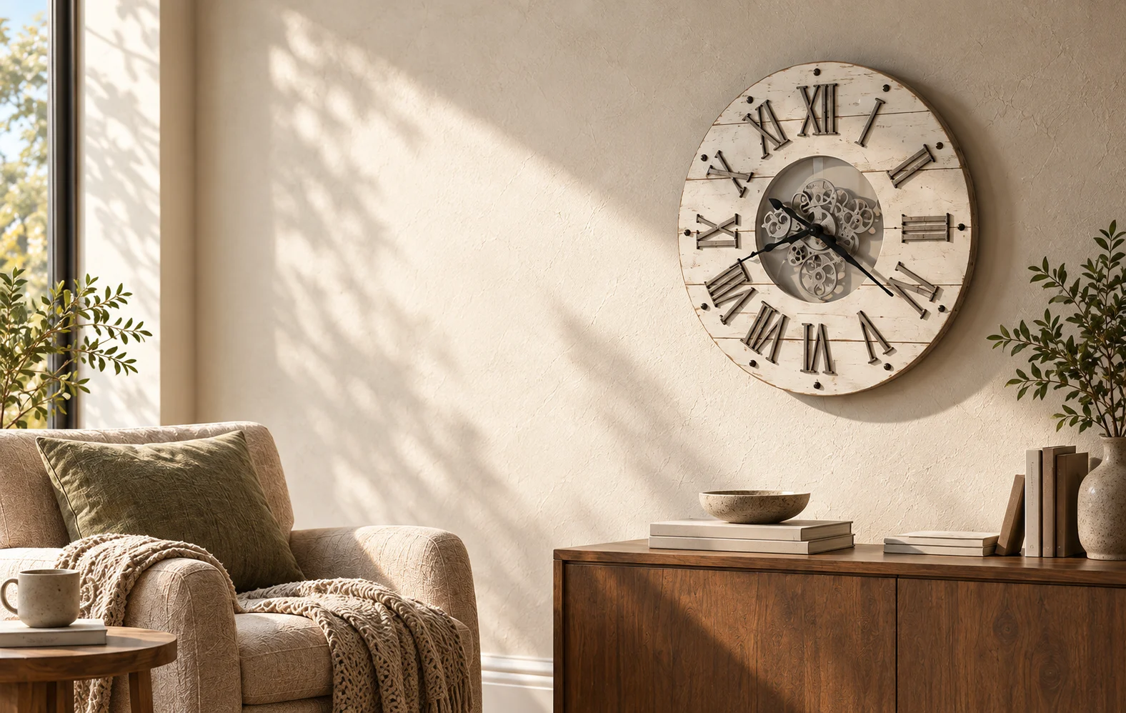 An antique white moving-gear wall clock in a sunlit nook with a linen armchair and walnut console.