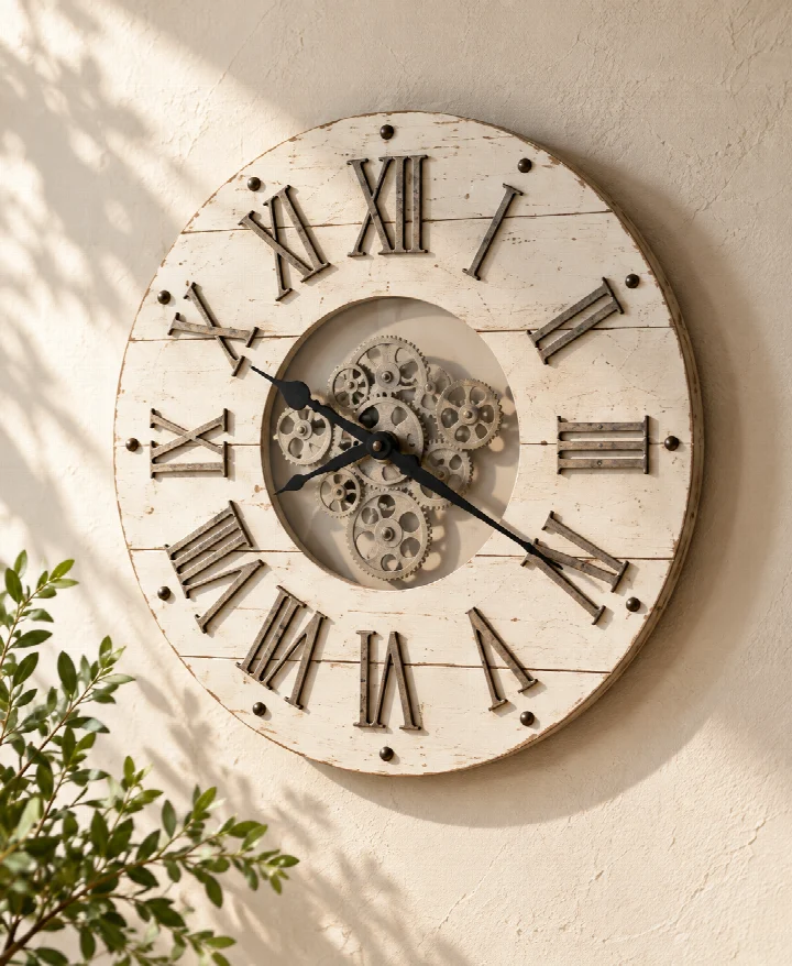 Antique White Moving-Gear Wall Clock