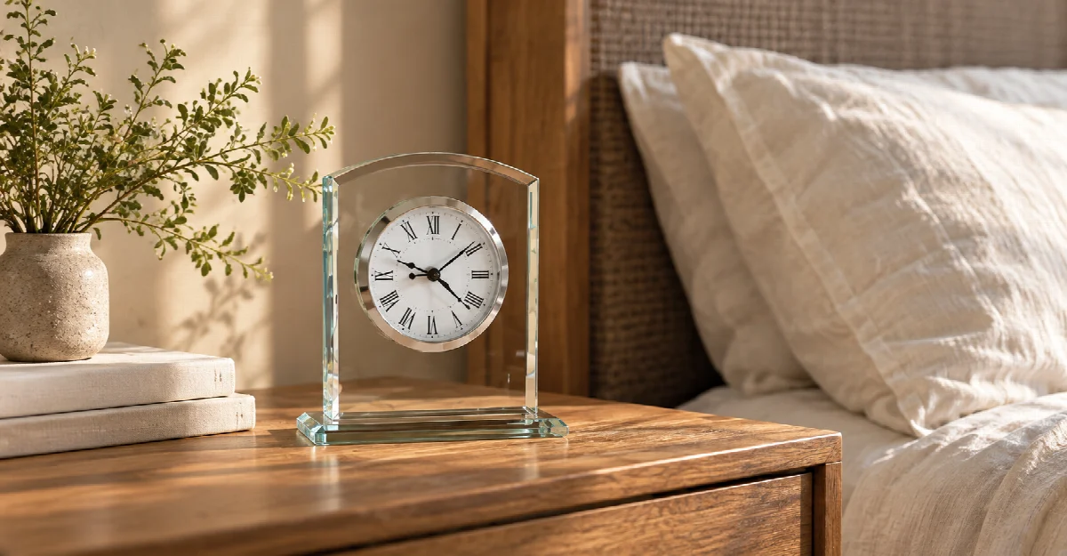 A beveled glass alarm clock on a warm wood bedside table beside books, greenery and linen pillows.