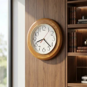 Champagne oak round wall clock with white dial and brass-tone bezel